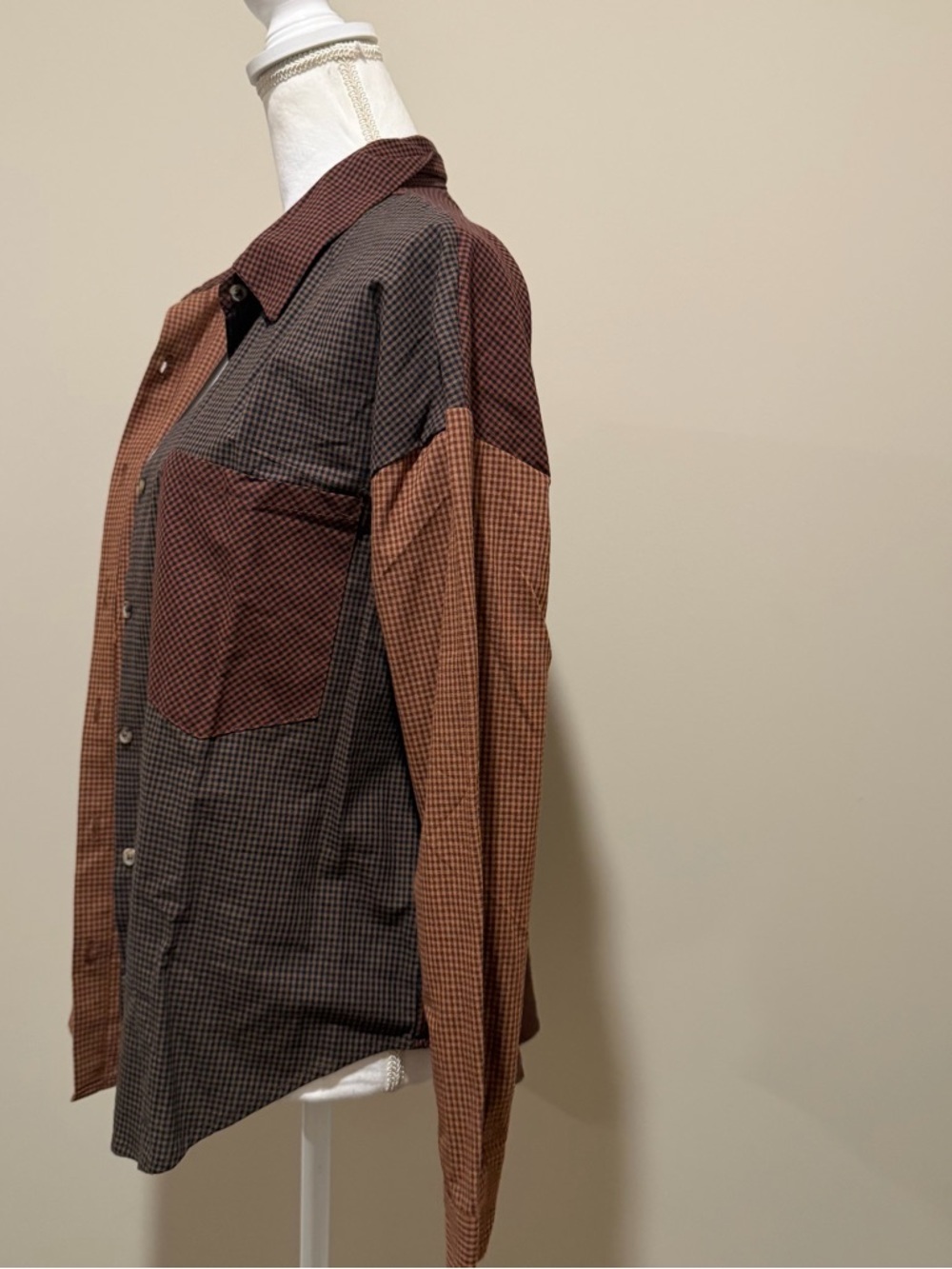 Blu Pepper Brown and Tan Plaid Color Block Button Down oversized small NWT - Picture 12 of 13